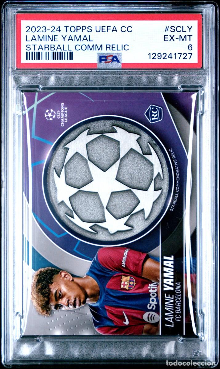 Cromos de f&uacute;tbol: Rookie Lamine Yamal FC Barcelona Topps Starball Commemorative Relic 23 24 PSA 6