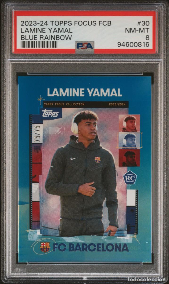 Cromos de f&uacute;tbol: RC Lamine Yamal 75/75 #30 FC Barcelona Topps Focus Blue Rainbow 2023 24 PSA 8