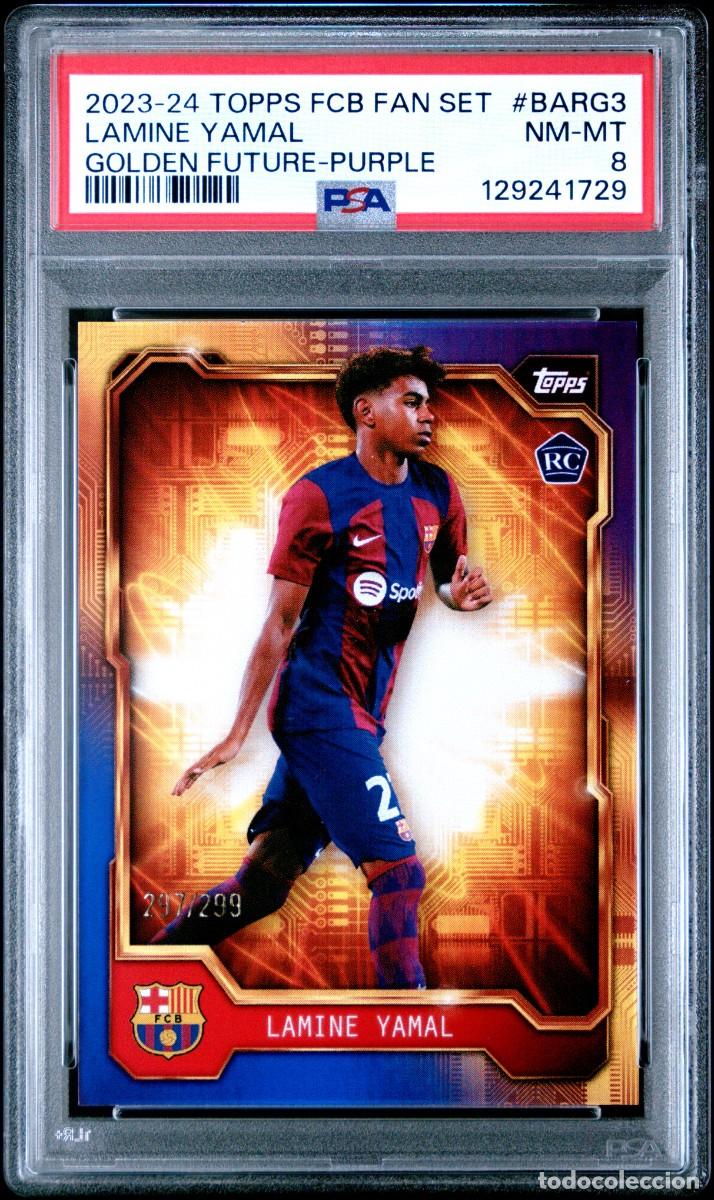 Football Stickers: Lamine Yamal 297/299 FC Barcelona Topps Fan Set Golden Future Purple 23 24 PSA 8