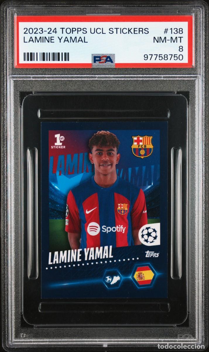 Cromos de f&uacute;tbol: Rookie Lamine Yamal #138 FC Barcelona Topps UCL Stickers 2023 24 PSA 8