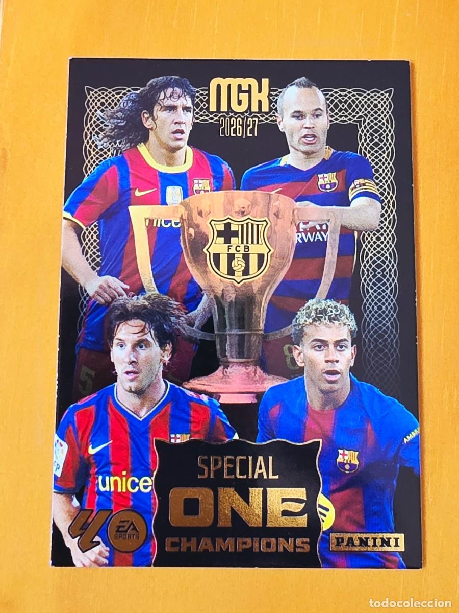 Cromos de f&uacute;tbol: Special One Champions FC Barcelona, Messi Lamine Yamal Iniesta Panini Megacracks MGK 2026 2027 26 27