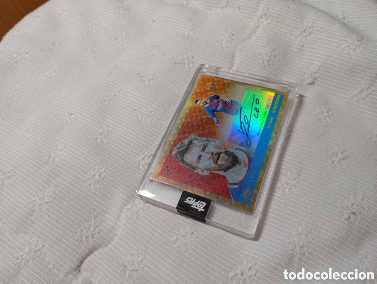 Cromos de f&uacute;tbol: Cromo Messi topps hologr&aacute;fica firmada