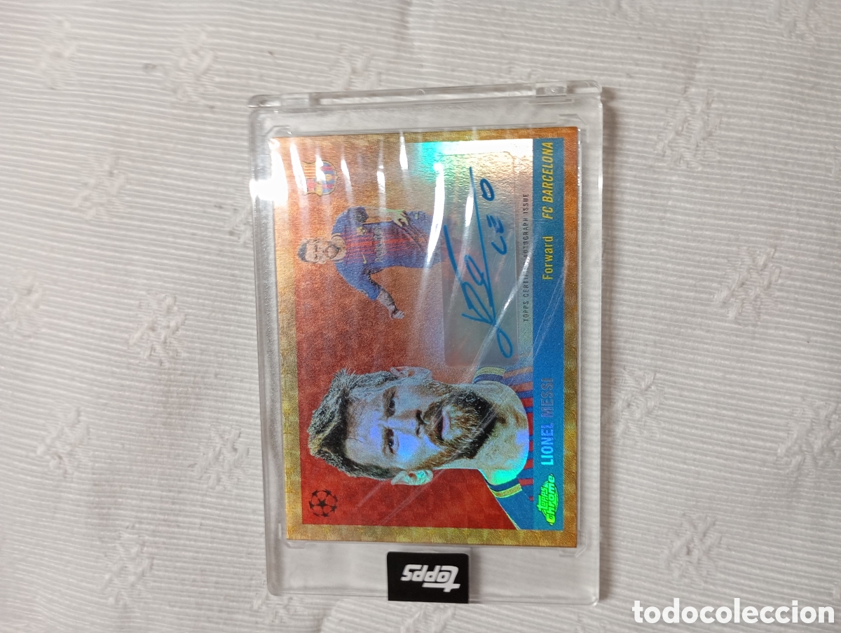 Cromos de f&uacute;tbol: Cromo Messi topps hologr&aacute;fica firmada