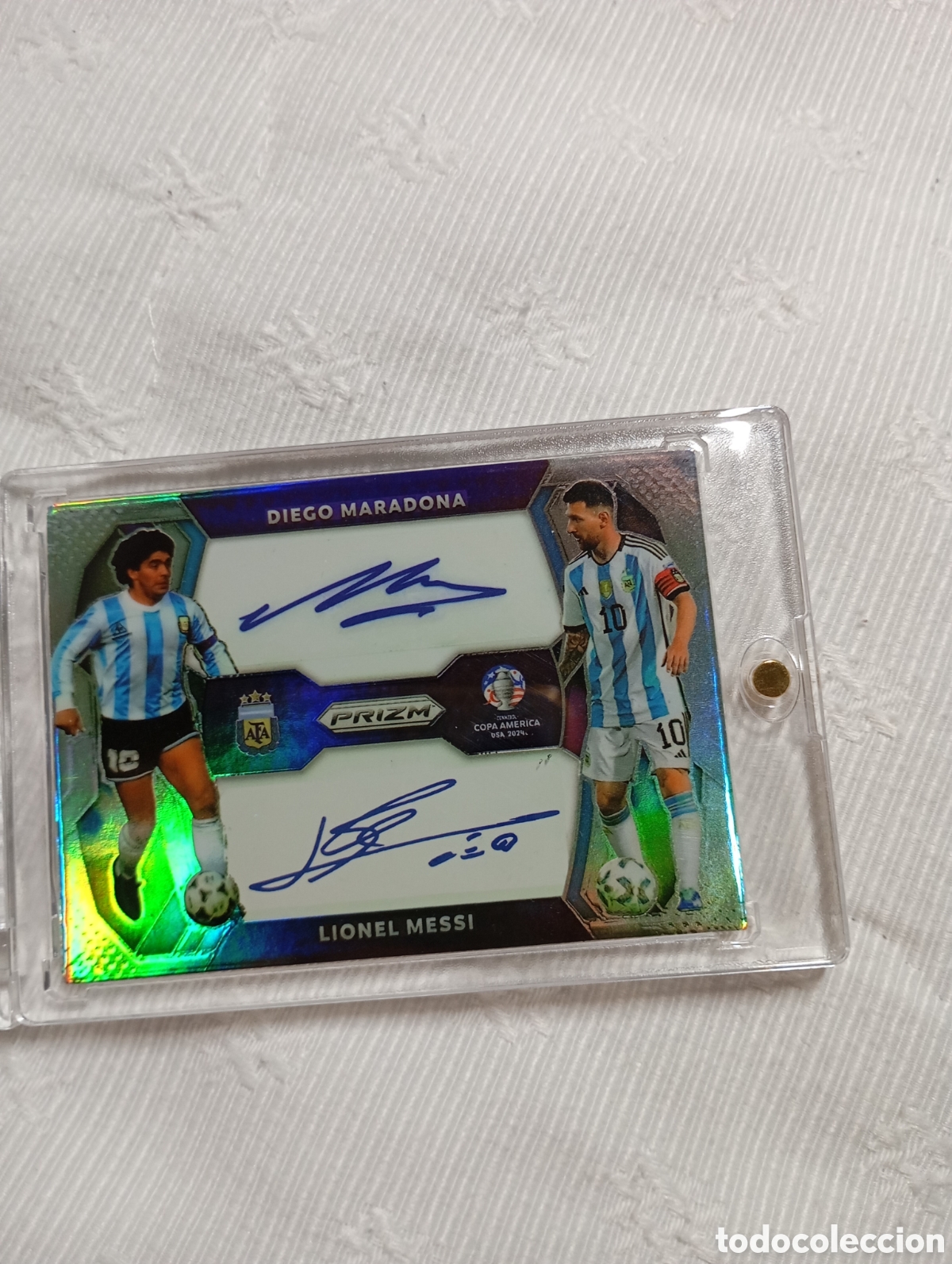 Cromos de f&uacute;tbol: Cromos prizm hologr&aacute;fico firmado Messi y Maradona