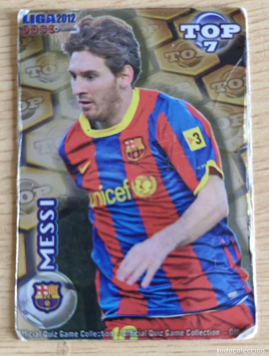Cromos de f&uacute;tbol: CARD FOOTBALL MESSI FC BARCELONA 595 TOP 7 BRILLO LISO DORADO MC MUNDICROMO 2011-2012