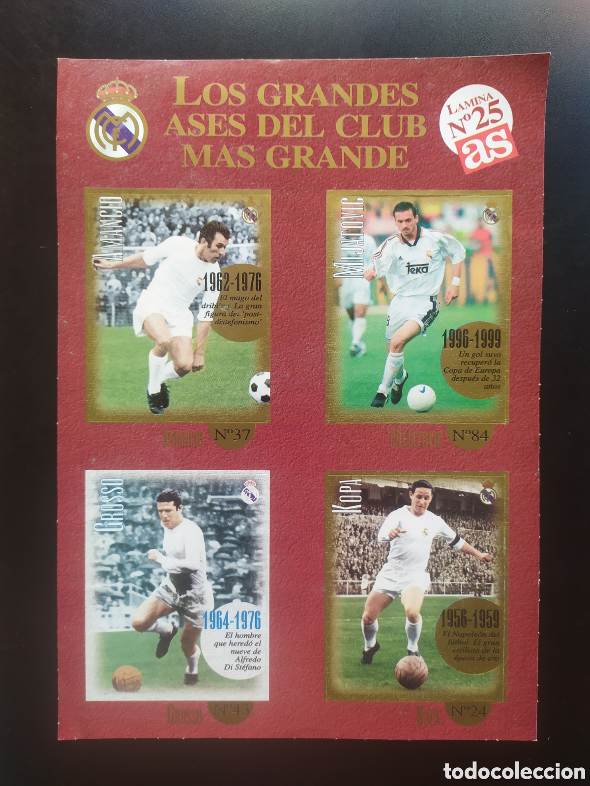 Cromos de f&uacute;tbol: Real Madrid grandes ases diario as l&aacute;mina n&deg; 25 Mijatovic Amancio Grosso Kopa sin pegar