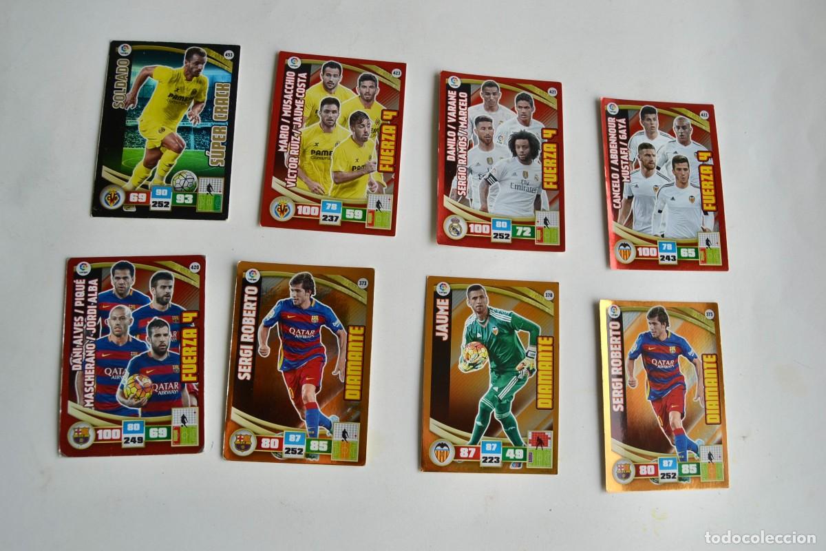 Cromos de f&uacute;tbol: Lote 8 cromos: 4 fuerzas, Roberto Soldado Supercrack, 3 diamantes Jaume y Sergi Roberto x2. Panini