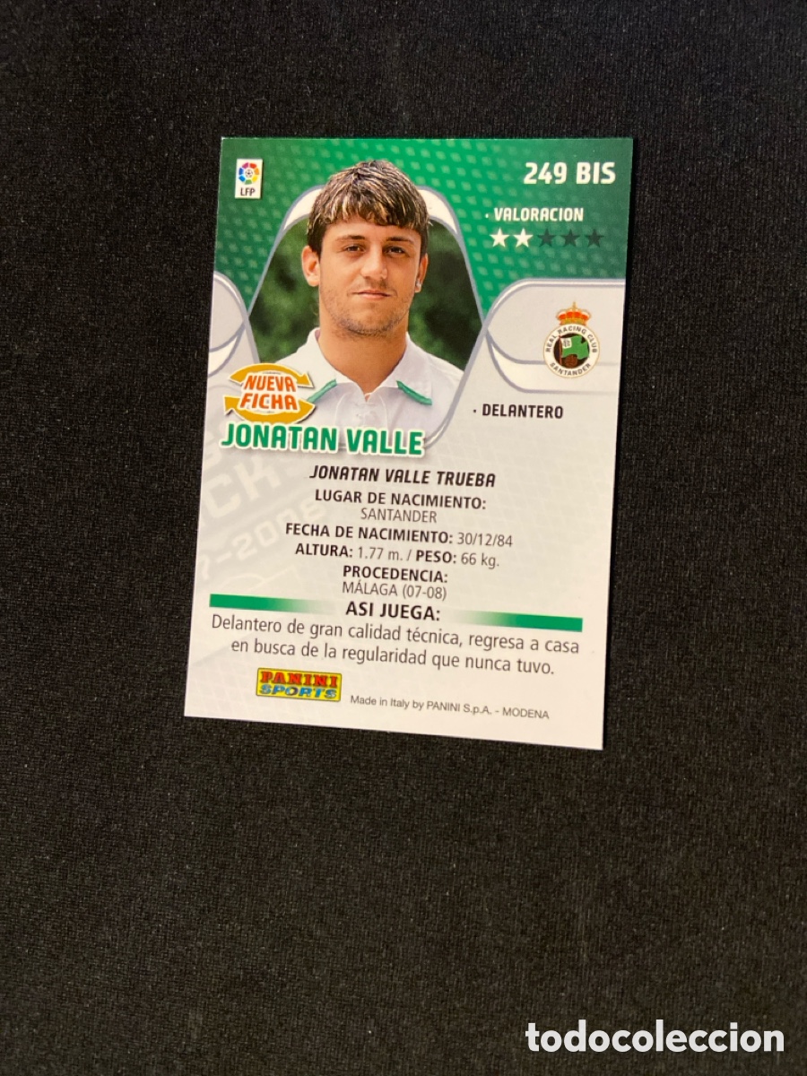 Cromos de f&uacute;tbol: JONATAN VALLE 249 BIS (RACING SANTANDER) - Foto 2