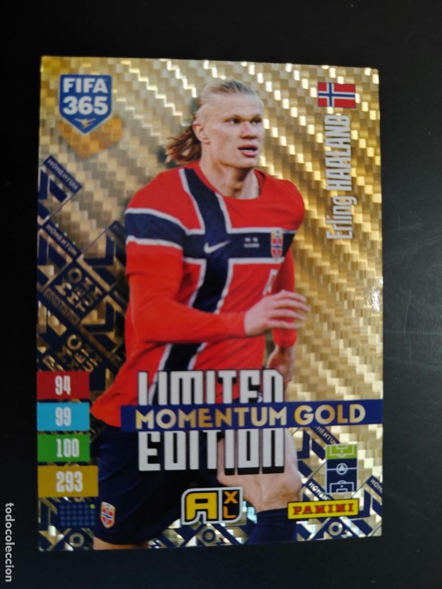 Cartes &agrave; collectionner de Football: ADRENALYN XL FIFA 365 2027 CARD MOMETUM GOLD LIMITED EDITION HAALAND NORUEGA # PANINI