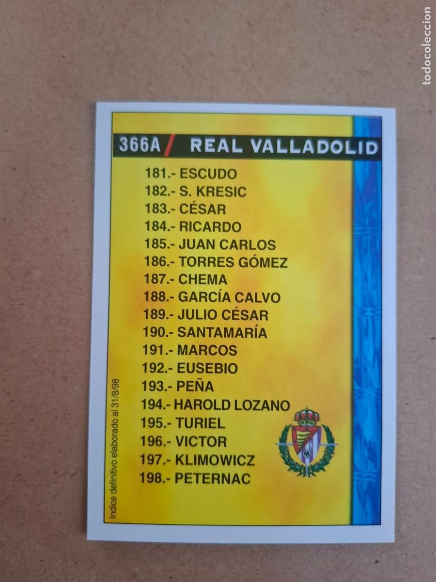 Cartes &agrave; collectionner de Football: MUNDICROMO 98 99 1998 1999 - 366 A REAL VALLADOLID / 366 B R.C.D. LA CORU&Ntilde;A - &Iacute;NDICE 31/8/98