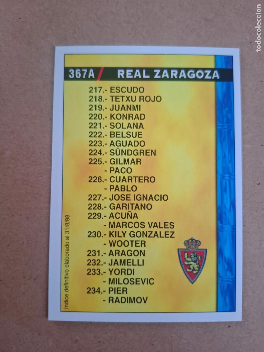 Cromos de f&uacute;tbol: MUNDICROMO 98 99 1998 1999 - 367 A REAL ZARAGOZA / 367 B RACING SANTANDER - &Iacute;NDICE 31/8/98