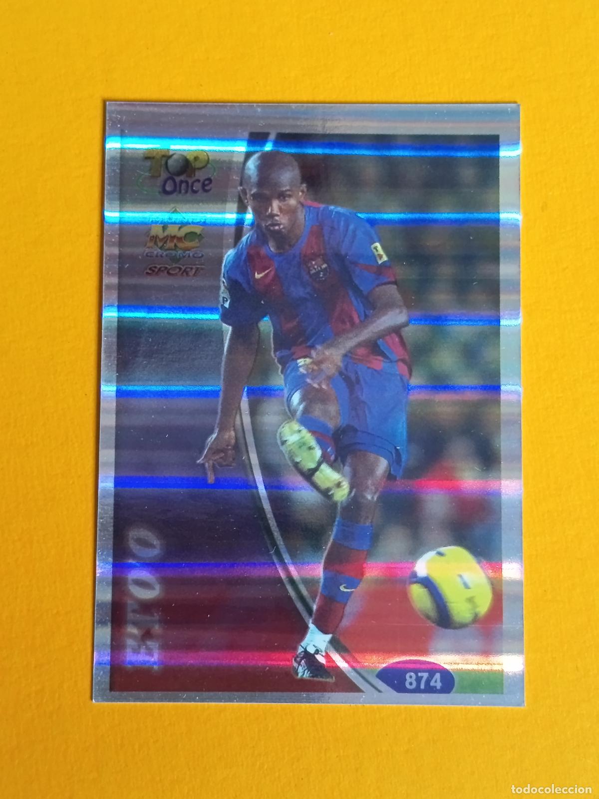 Football Stickers: 874 ETO'O TOP ONCE BRILLO. FC BARCELONA. LAS FICHAS DE LA LIGA 2005. MUNDICROMO
