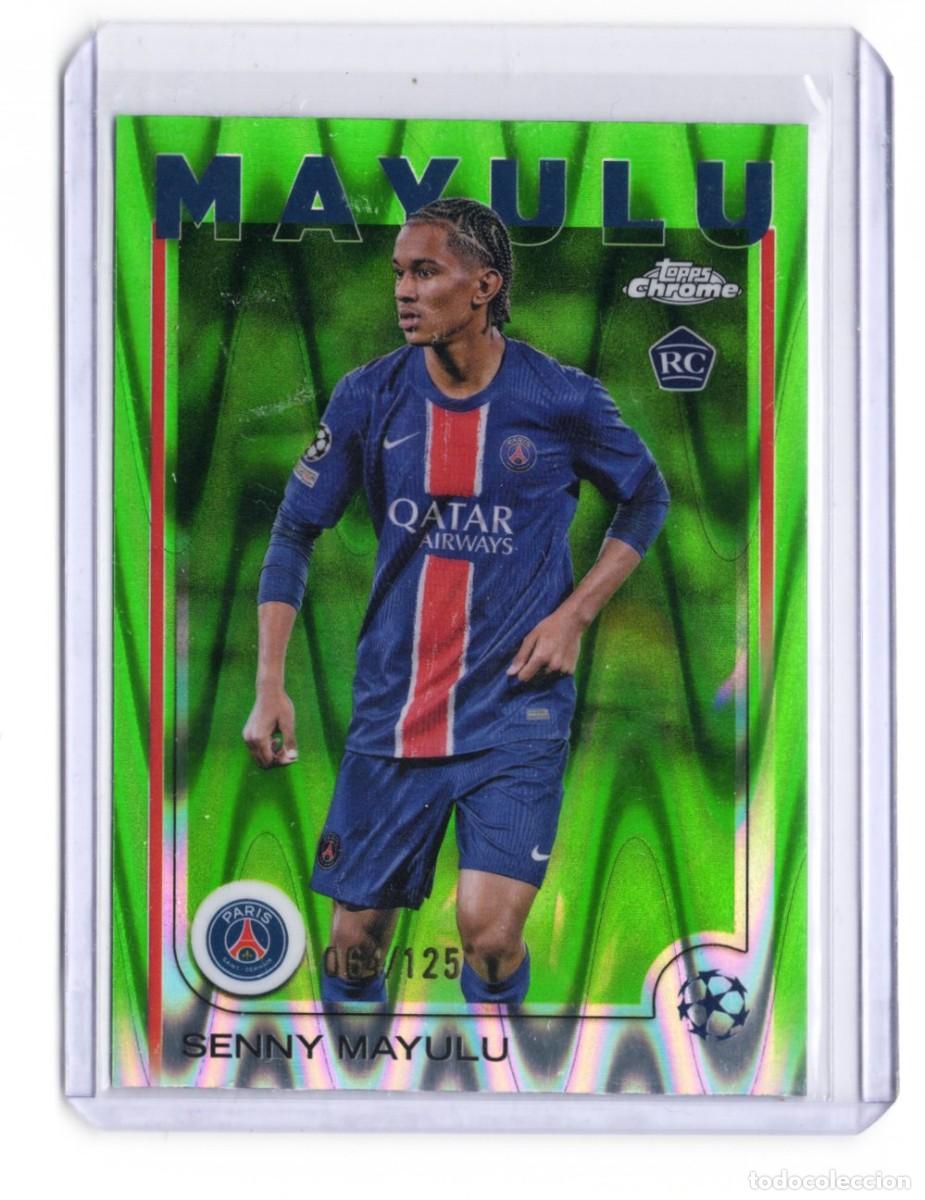 Cromos de f&uacute;tbol: Senny Mayulu PSG Rookie Topps Chrome UEFA Green Refractor 2024 Numerada 64 /125