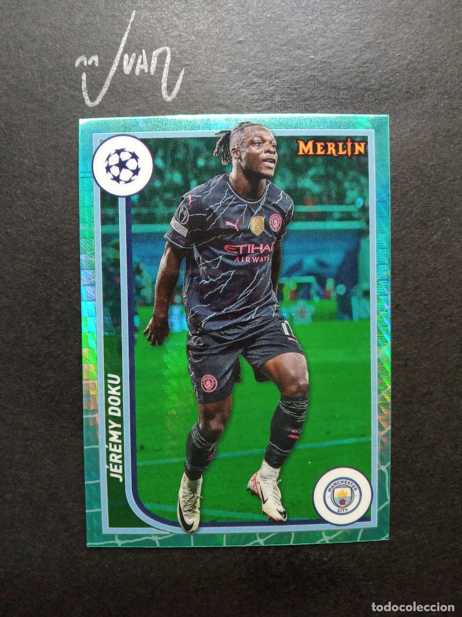 Cromos de f&uacute;tbol: N&ordm; 77 AQUA PRISM JEREMY DOKU MANCHESTER CITY ⚽ TOPPS &reg; CHROME MERLIN UCC UEFA 2023 2024 23 24