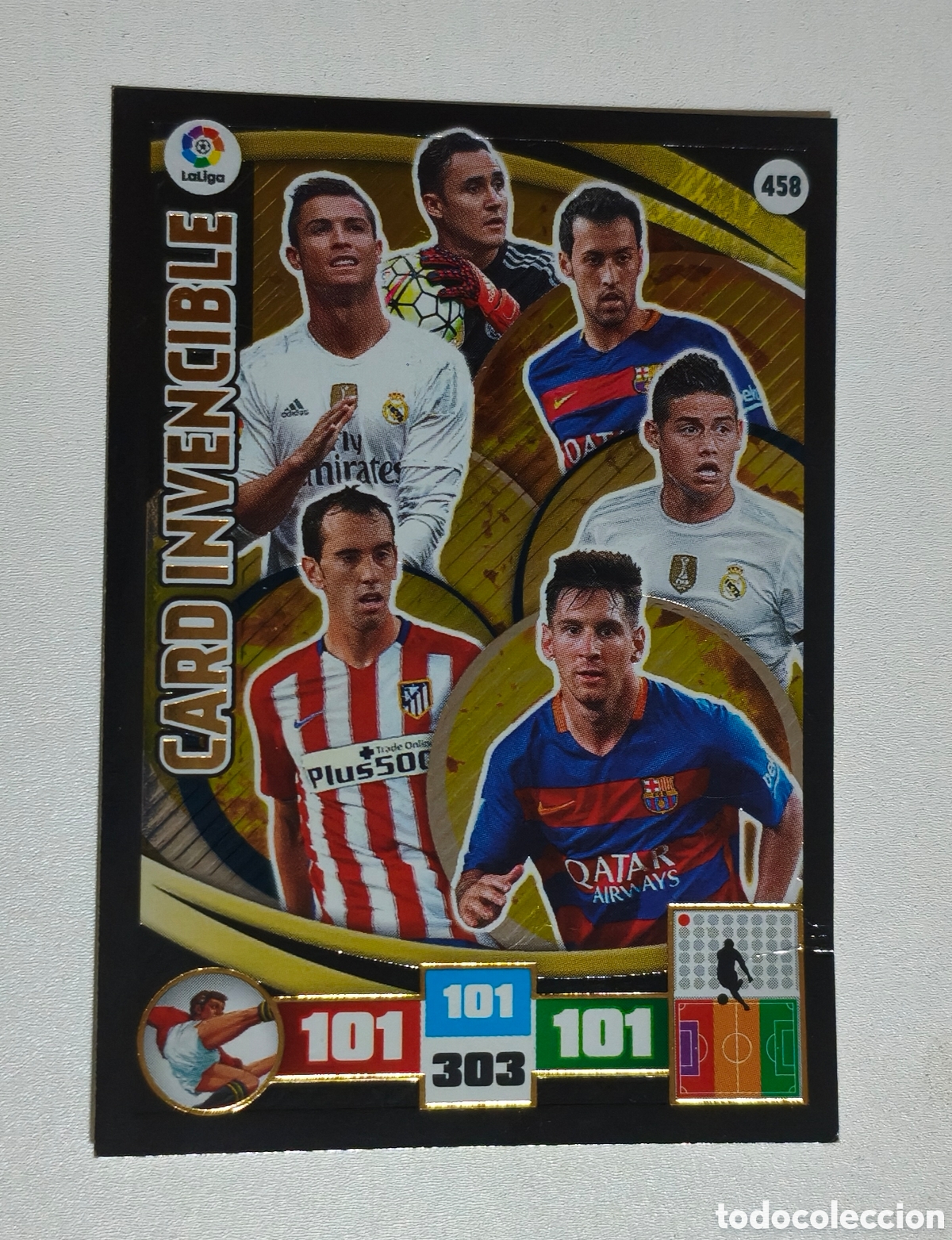 Cromos de f&uacute;tbol: Card Invencible 458 - Panini Adrenalyn XL 2015-16 (Messi, Cristiano, James)