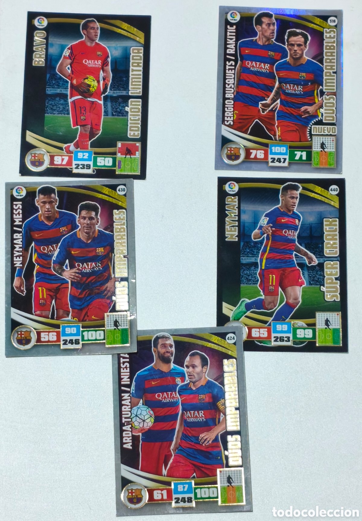 Cromos de f&uacute;tbol: Lote 5 Cartas FC Barcelona Adrenalyn XL 2015-16 (Messi, Neymar, Iniesta)