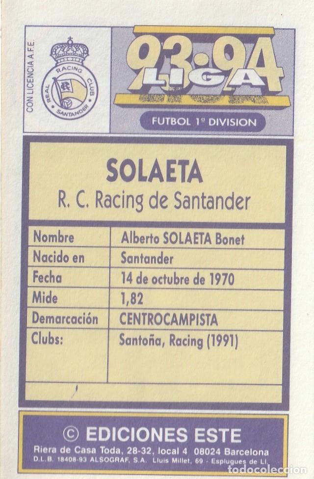 Cromos de f&uacute;tbol: ESTE 93-94. SOLAETA. NUNCA PEGADO. - Foto 2
