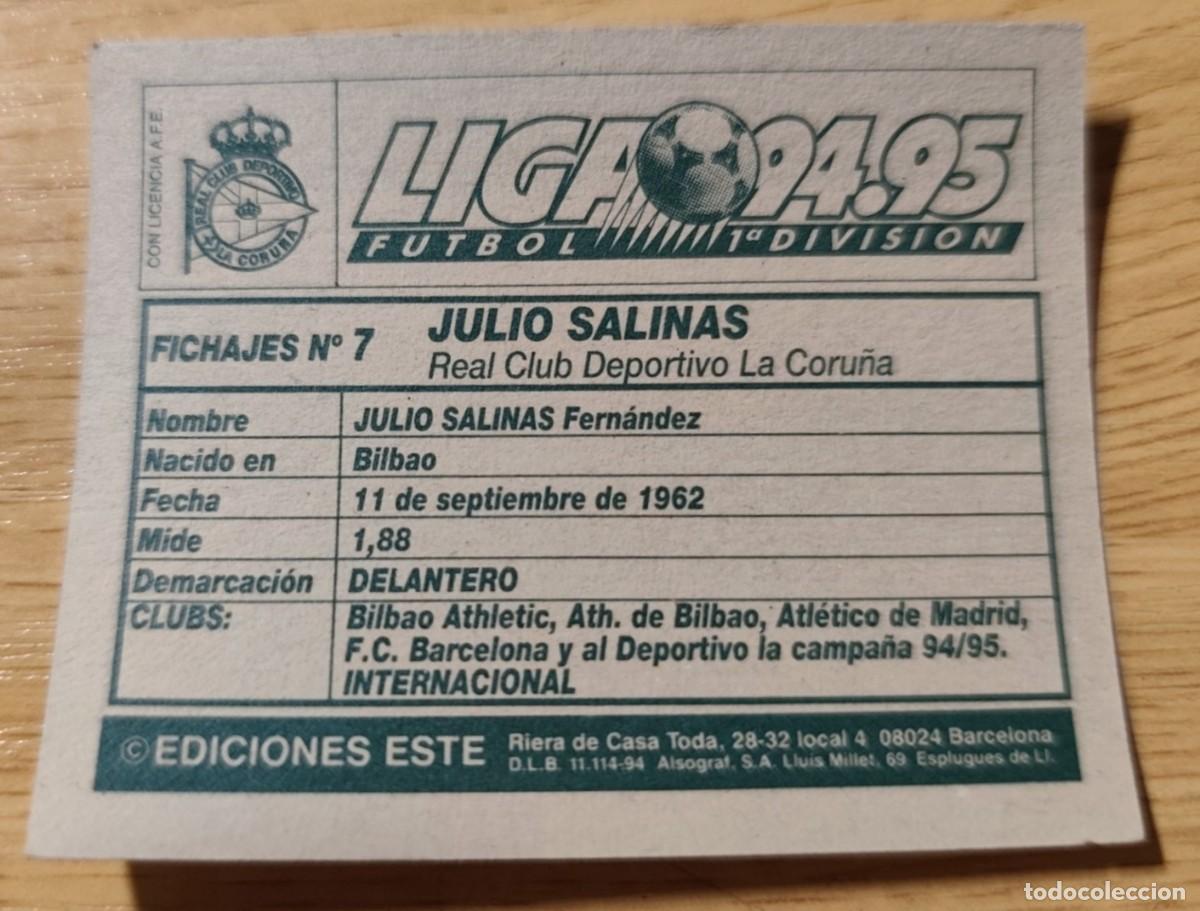Cromos de f&uacute;tbol: REVERSO CROMO EDICIONES ESTE 1994-95 JULIO SALINAS DEPORTIVO DE LA CORU&Ntilde;A FICHAJE 7