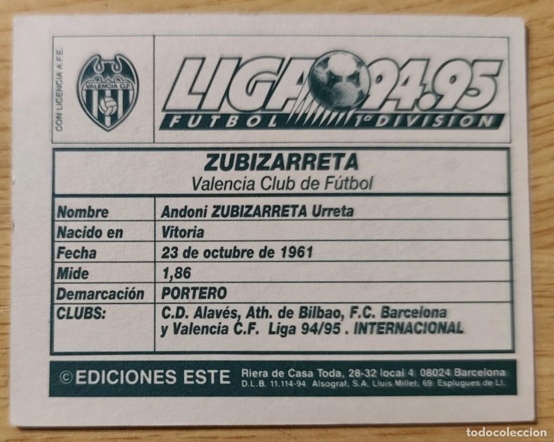Cromos de f&uacute;tbol: REVERSO CROMO EDICIONES ESTE 1994-95 ZUBIZARRETA VALENCIA CF