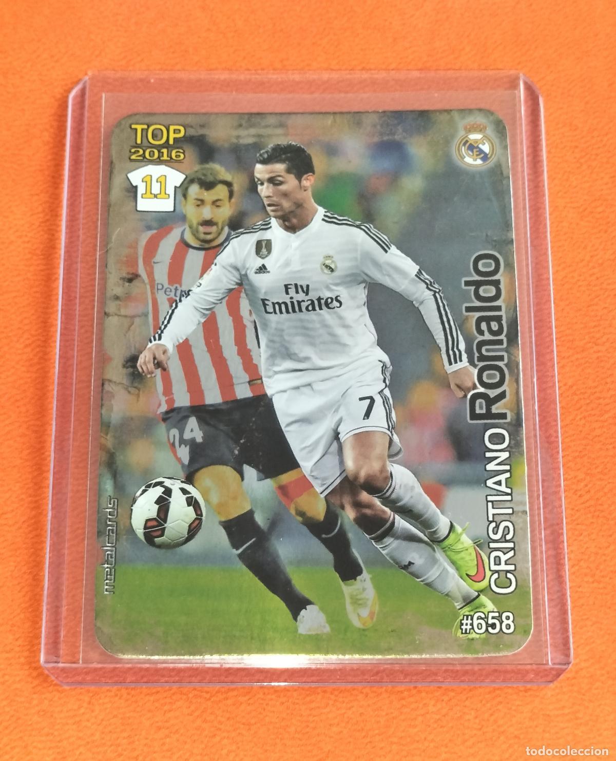 Cromos de f&uacute;tbol: 658 CRISTIANO RONALDO TOP METALCARDS VERSION BRILLO LISO REAL MADRID MUNDICROMO QUIZ 2015 2016 15 16