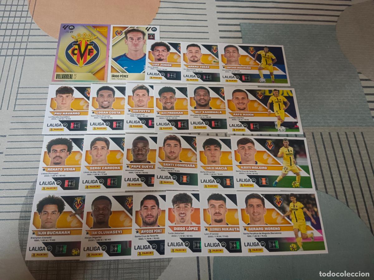 Cromos de f&uacute;tbol: TEMPORADA 2026 2027 26 27 EQUIPO VILLARREAL COMPLETO 23 EQUIPO BASICO CROMOS NUEVOS