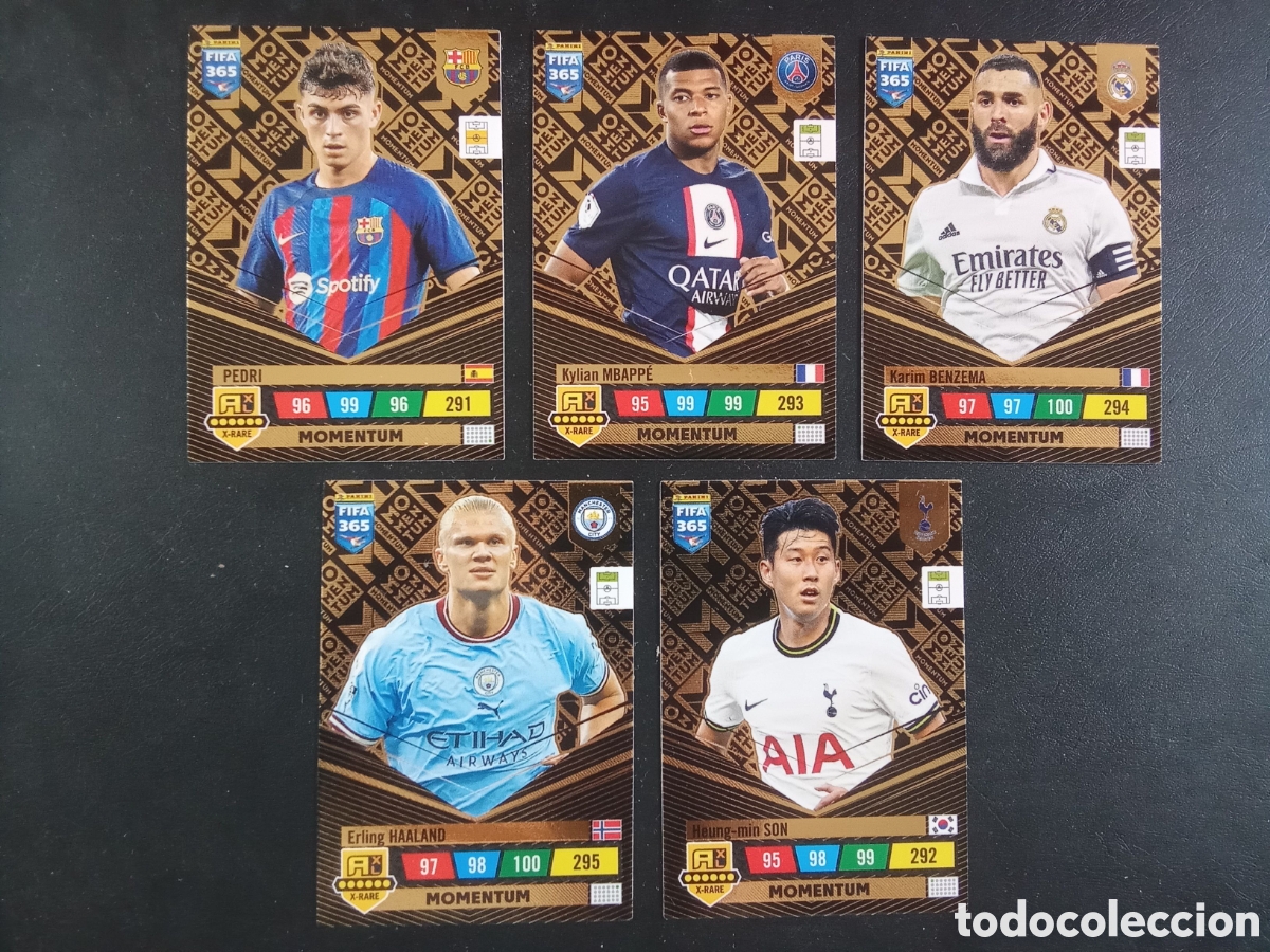 Cromos de f&uacute;tbol: LOTE 5 MOMENTUM FIFA 365 2023 ADRENALYN 22-23 SON HAALAND BENZEMA PEDRI Y MBAPPE