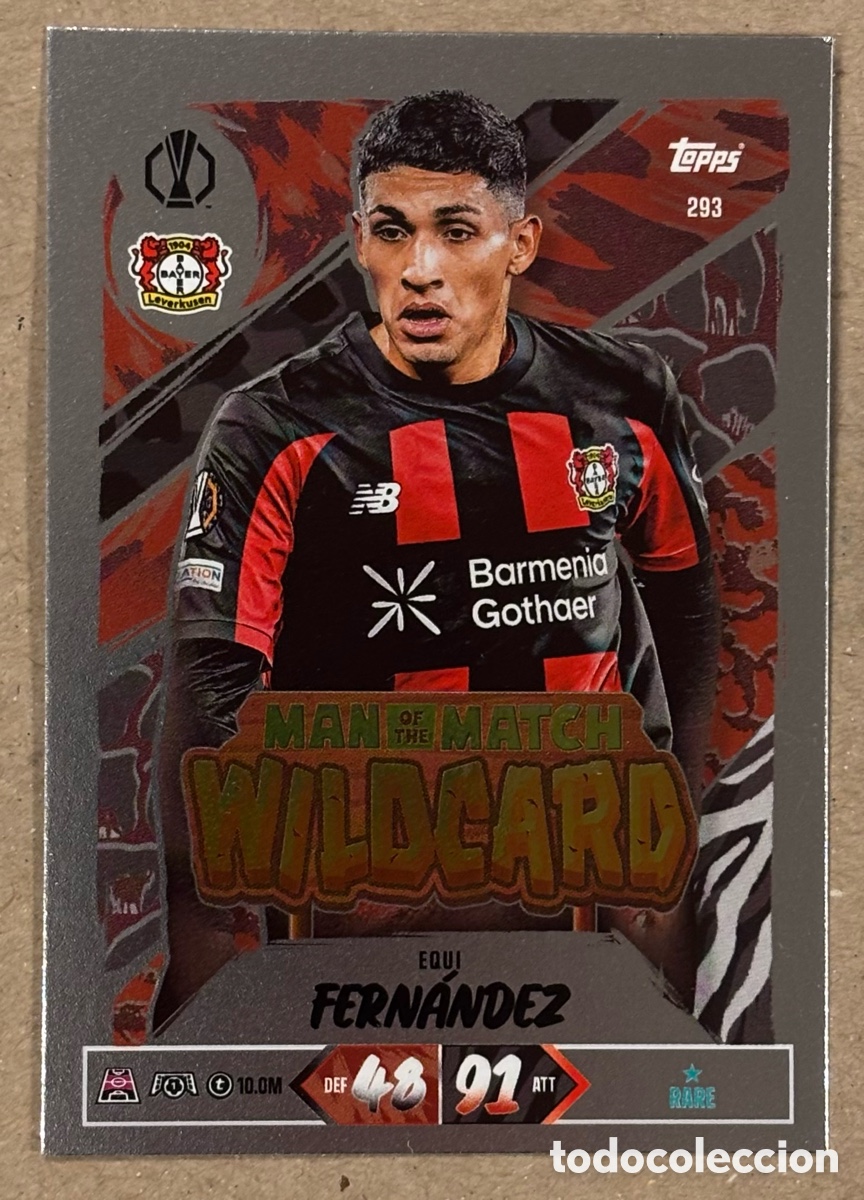 Cromos de f&uacute;tbol: EQUI FERN&Aacute;NDEZ (BAYER LEVERKUSEN). CARTA MAN OF THE MATCH WILDCARD TOPPS MATCH ATTAX 2026/27. RARE