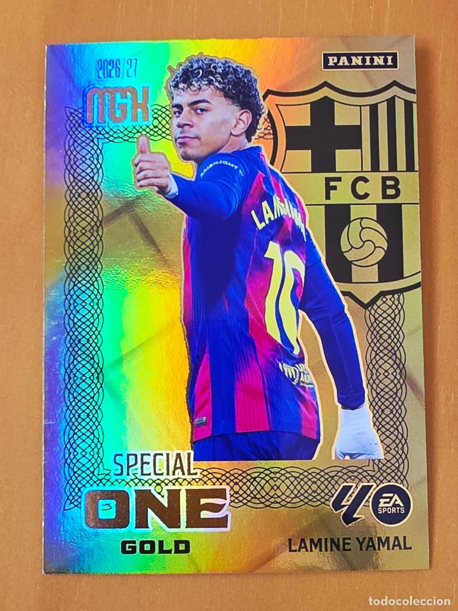 Cromos de f&uacute;tbol: Lamine Yamal, FC Barcelona, Special One Gold, Hall of Fame, Panini Megacracks MGK 2026 2027 26 27