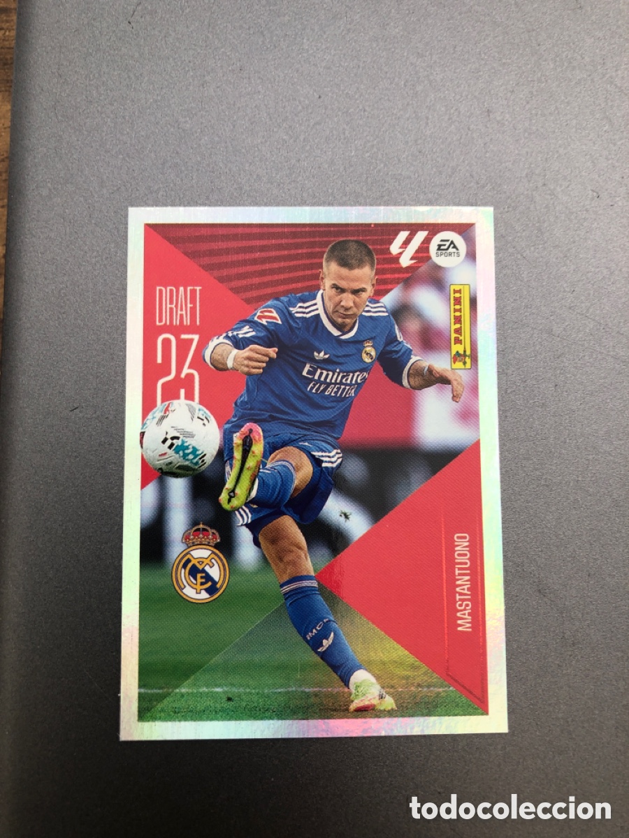 Cromos de f&uacute;tbol: 16 Franco Mastantuono, Real Madrid, Draft 23, Panini Ediciones Liga Este 2026 2027 26 27 sin pegar