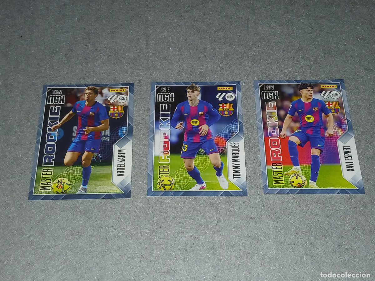 Cromos de f&uacute;tbol: Cromos f&uacute;tbol. Master rookie Barcelona (Abdelkarim, Marqu&eacute;s, Xavi Espart), Panini Megacracks 2026 27