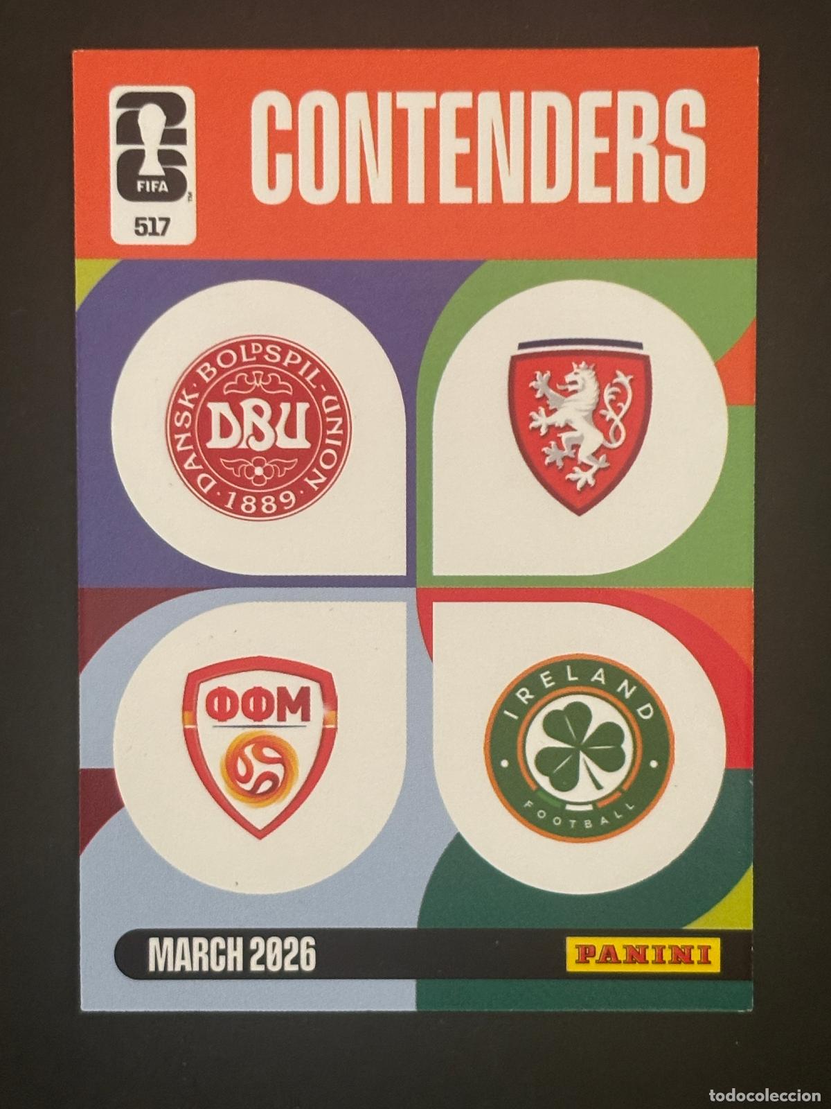 Cromos de f&uacute;tbol: 517 DINAMARCA/MACEDONIA N/CHEQUIA/IRLANDA CONTENDERS ESCUDO ADRENALYN XL WORLD CUP 2026