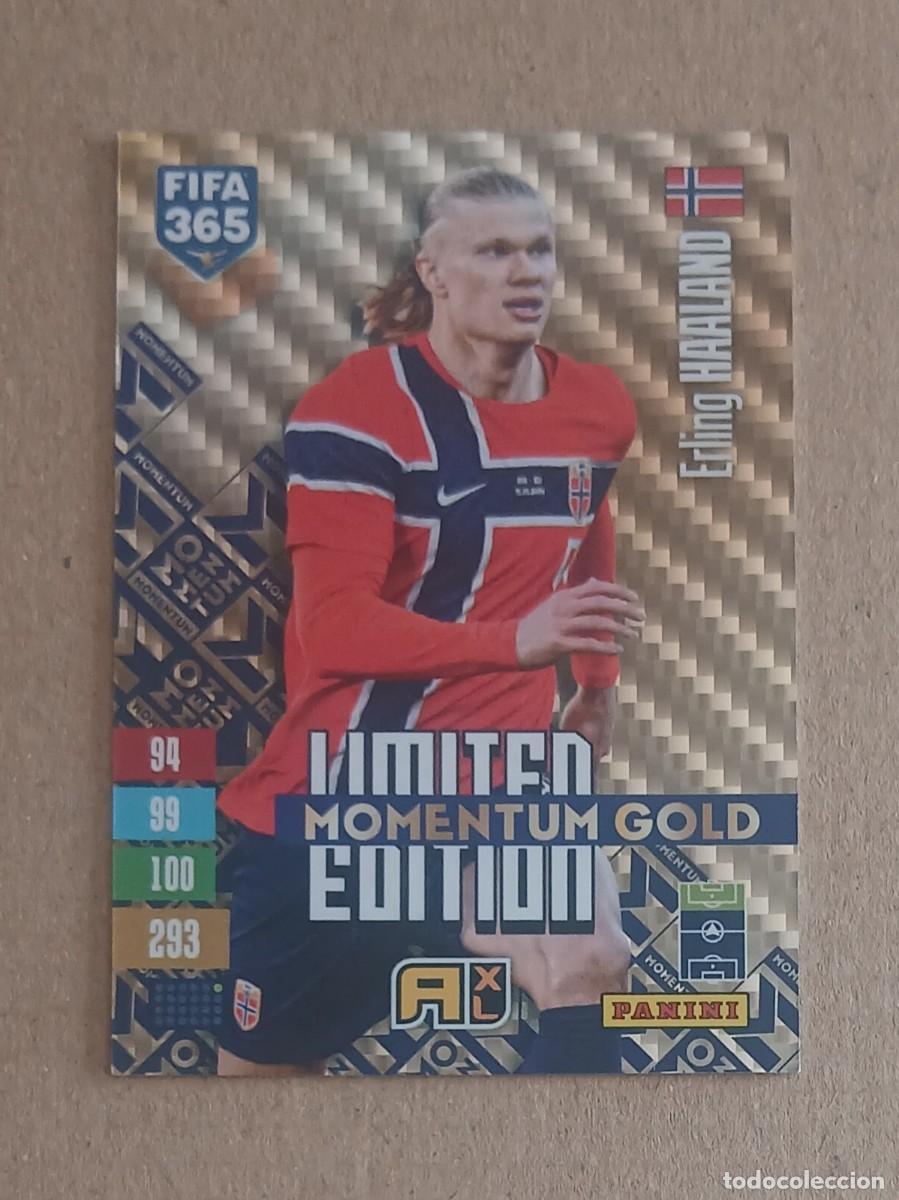 Fu&szlig;ball-Sticker: CROMO ERLING HAALAND NORUEGA LIMITED MOMENTUM GOLD ADRENALYN XL FIFA 365 2026-2027. Nuevo de sobre.