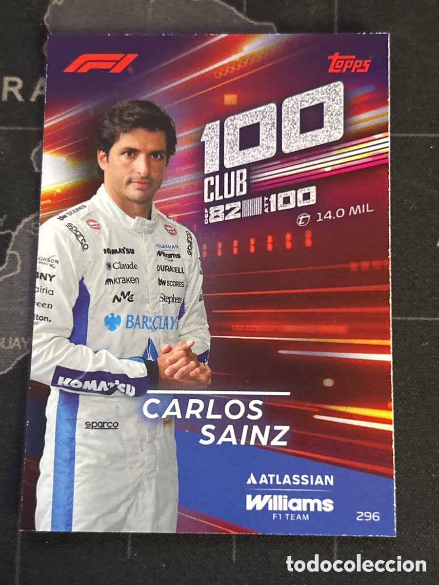 Cromos de Futebol: 296 CARLOS SAINZ (WILLIAMS) 100 CLUB TOPPS TURBO ATTAX F1 FORMULA 1 2026