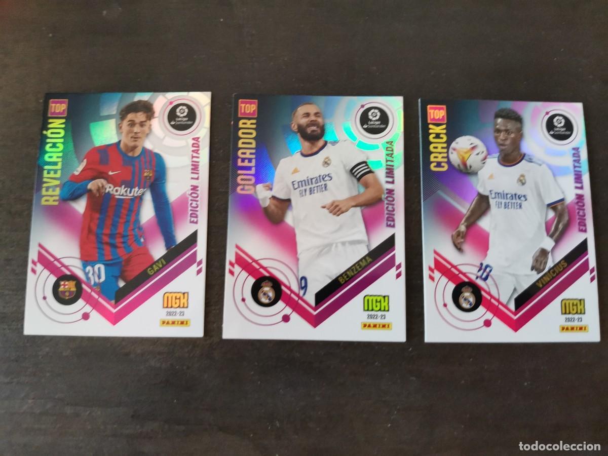 Cromos de f&uacute;tbol: Panini Megacracks 2022/23 Lote 3 Edici&oacute;n Limitada Gavi, Benzema y Vinicius