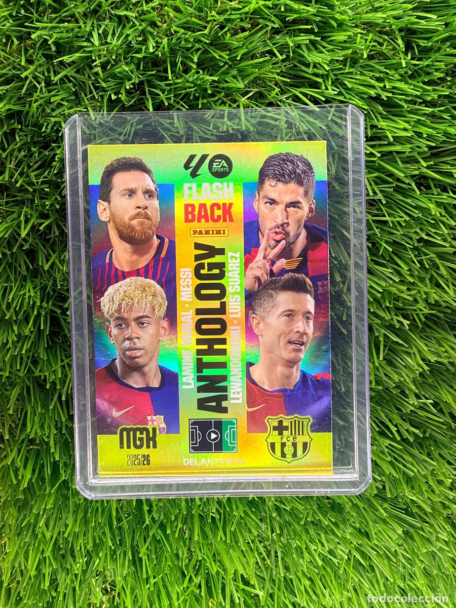 Cromos de f&uacute;tbol: N&ordm; 438 Messi - Luis Su&aacute;rez - Lamine Yamal - Lewandowski Flashback FC Barcelona Megacracks 25 26