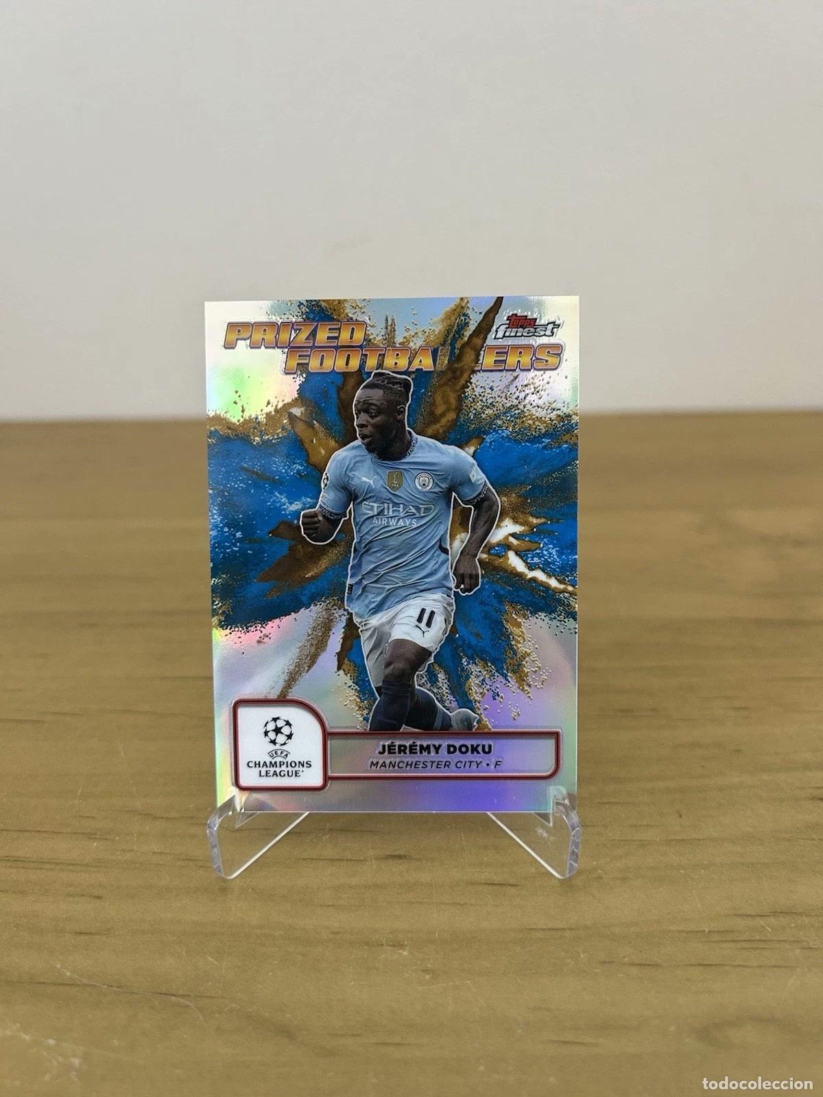 Cromos de f&uacute;tbol: J&eacute;r&eacute;my Doku Prized Footballer Fusion Blue Gold Case Hit &ndash; Topps Finest UEFA 2025