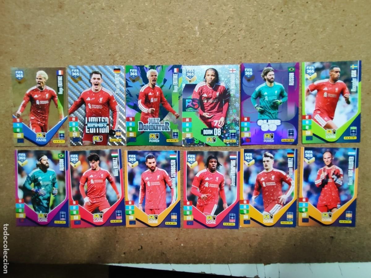Cromos de f&uacute;tbol: ADRENALYN XL FIFA 365 2027 LOTE DE 12 CARTAS DEL LIVERPOOL CON ESPECIALES # PANINI