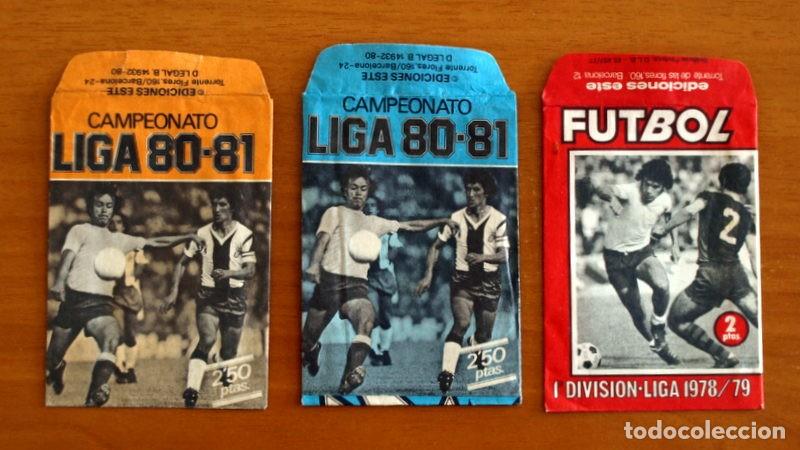 Cromos de Futebol: Sobres de cromos vacios, sin cromos - 3 sobres -Ediciones Este 78-79 rojo y 80-81 azul y naranja