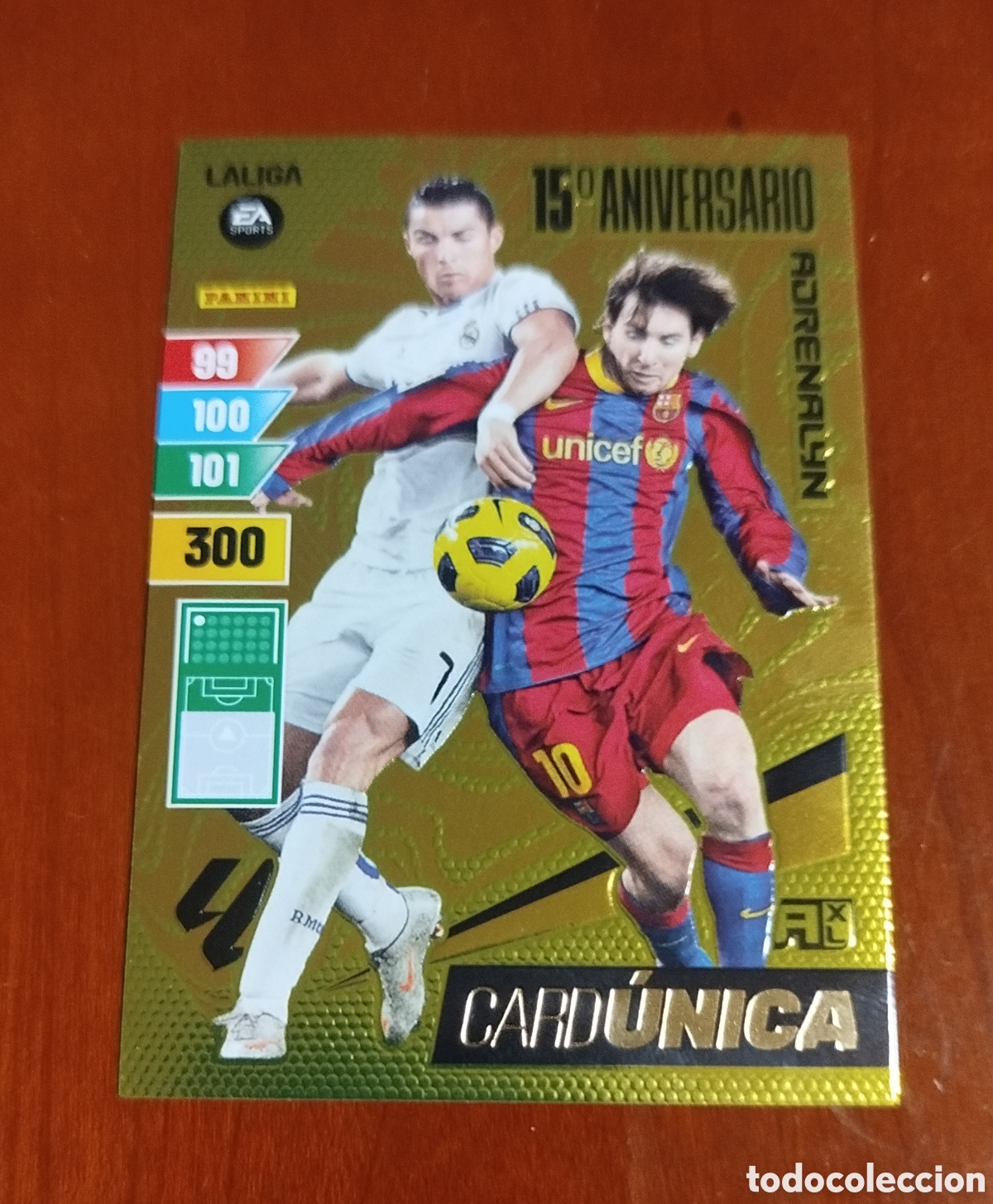 Cromos de f&uacute;tbol: ADRENALYN 2023/24.CARD &Uacute;NICA 15&deg;ANIVERSARIO (MESSI Y CRISTIANO RONALDO).
