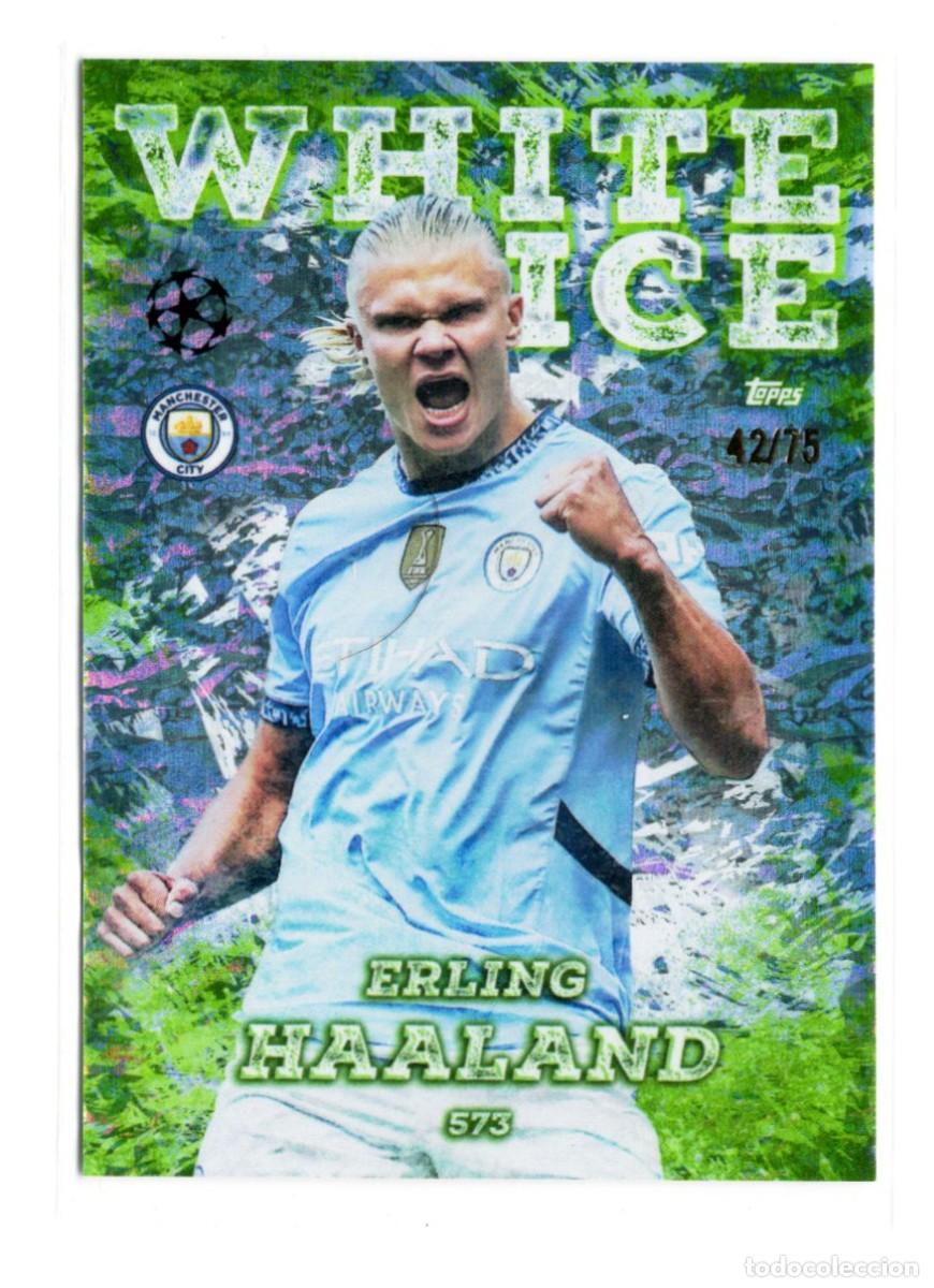 Cromos de f&uacute;tbol: Erling Haaland Manchester City White Ice Topps Total Football UEFA 2025-25 Numerada /75