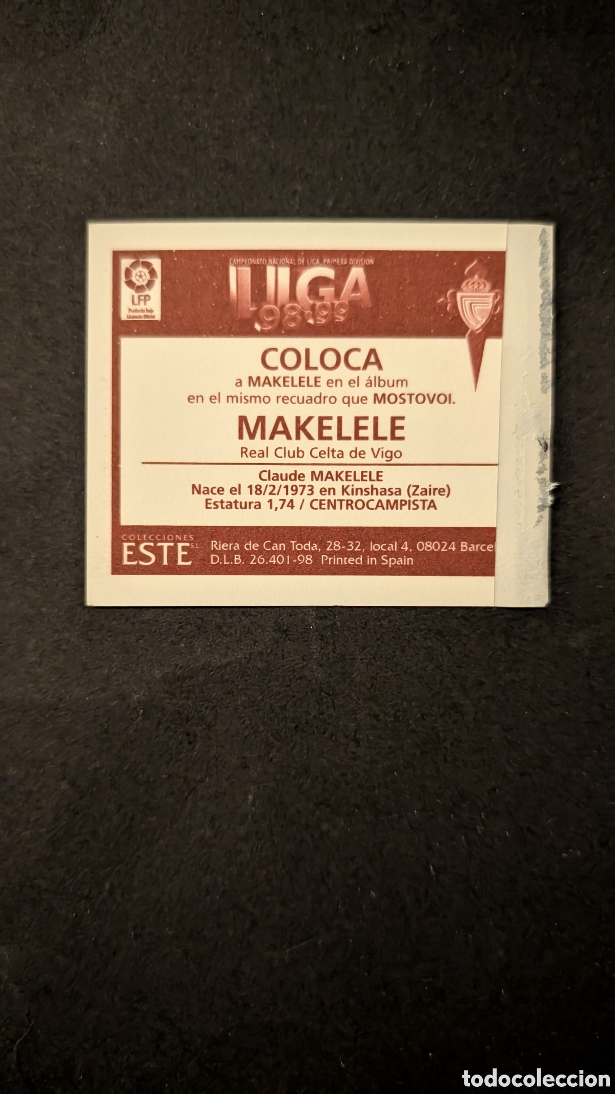 Cromos de f&uacute;tbol: MAKELELE CELTA COLOCA LIGA ESTE 1998/99 98 99 VENTANILLA - Foto 2