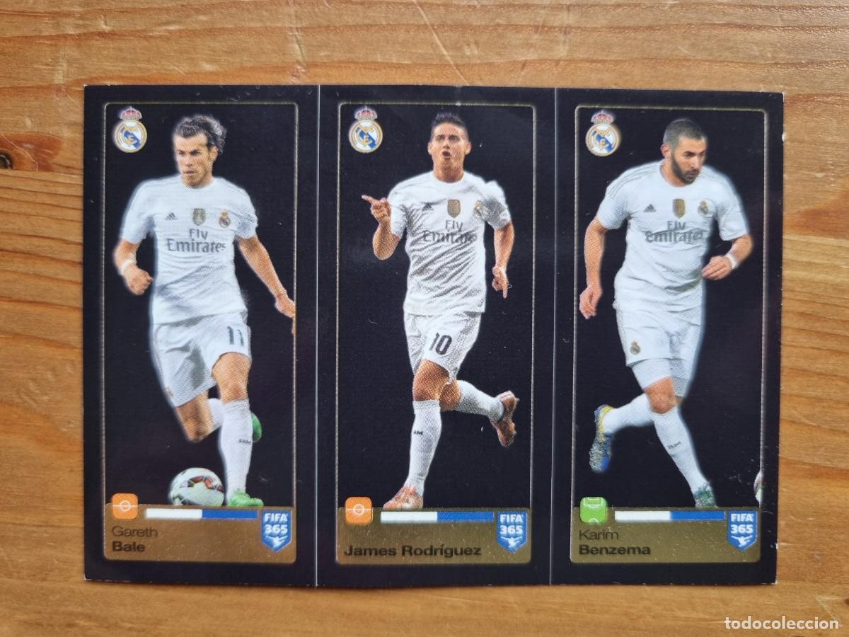 Cromos de f&uacute;tbol: 390, 391 y 392 BALE, JAMES y BENZEMA (Real Madrid CF). FIFA 365 2015 2016 PANINI
