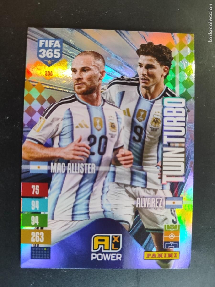 Cromos de f&uacute;tbol: ADRENALYN XL FIFA 365 2027 CARD TWIN TURBO MAC ALLISTER/JULIAN ALVAREZ ARGENTINA # 308 PANINI