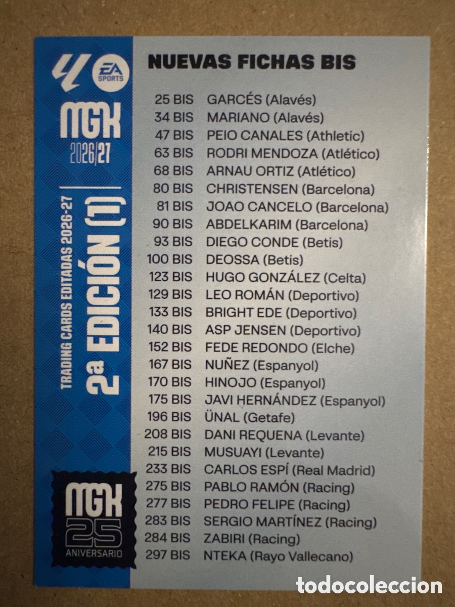 Cromos de f&uacute;tbol: # 1 &Iacute;ndice Checklist Nuevas Fichas BIS Segunda 2&ordf; 2a Edici&oacute;n Megacracks 26 27 2026 2027 MGK Trading