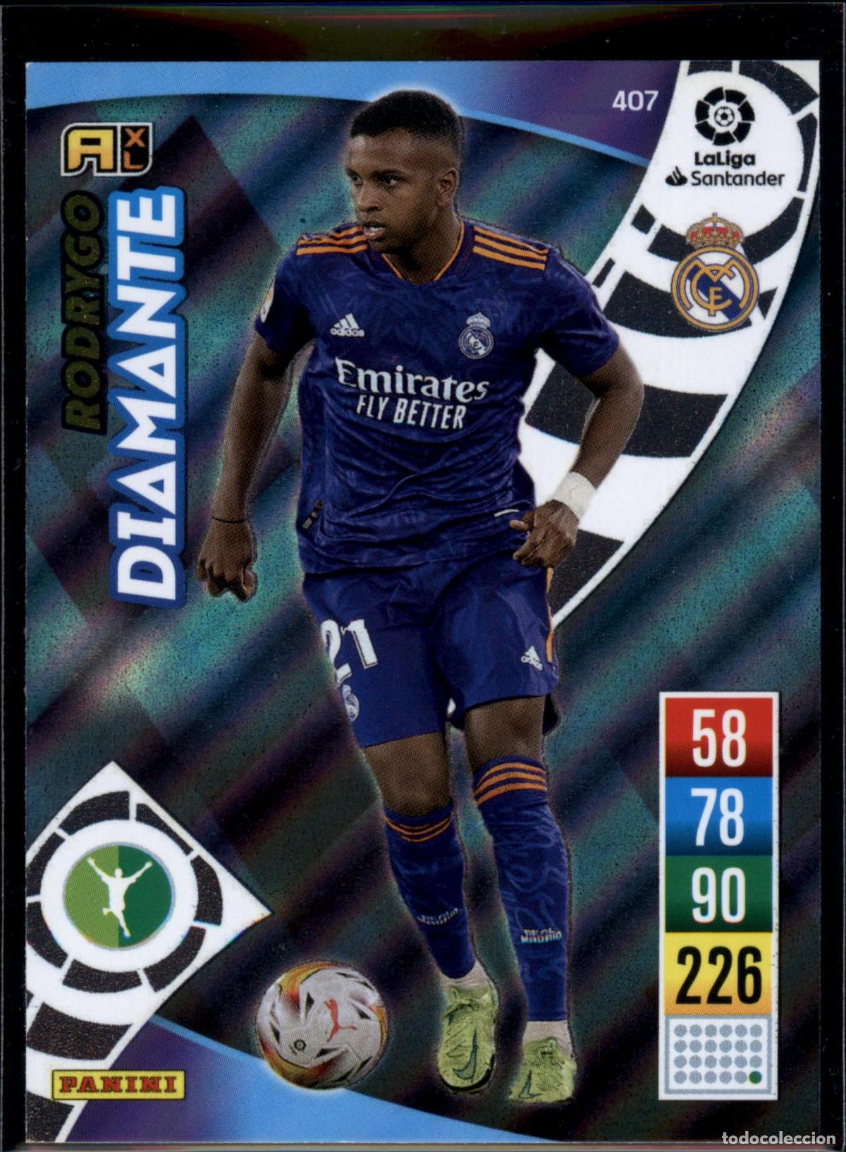 Cromos de f&uacute;tbol: Rodrygo Diamante N&ordm; 407 Real Madrid LaLiga Santander Adrenalyn XL 2021 2022 Panini 21 22