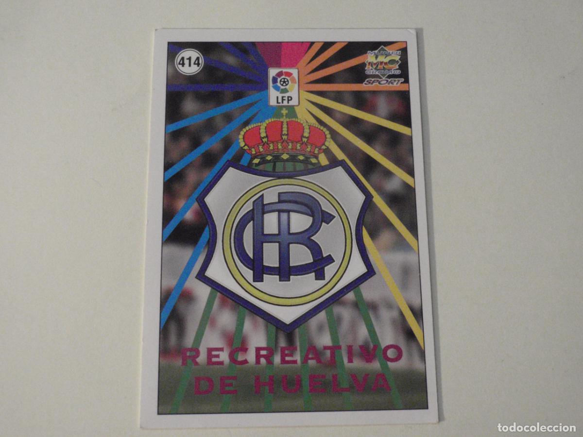 Cromos de f&uacute;tbol: 414 ESCUDO RECREATIVO DE HUELVA LETRAS MORADAS. Trading card FICHAS LIGA FUTBOL 1998 1999 MUNDICROMO