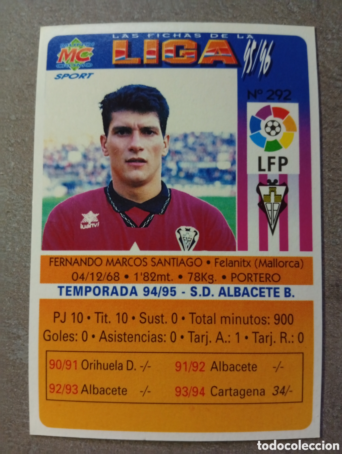 Fu&szlig;ball-Sticker: F&Uacute;TBOL CROMO N&ordm; 292 MARCOS ALBACETE MUNDICROMO 1995 1996