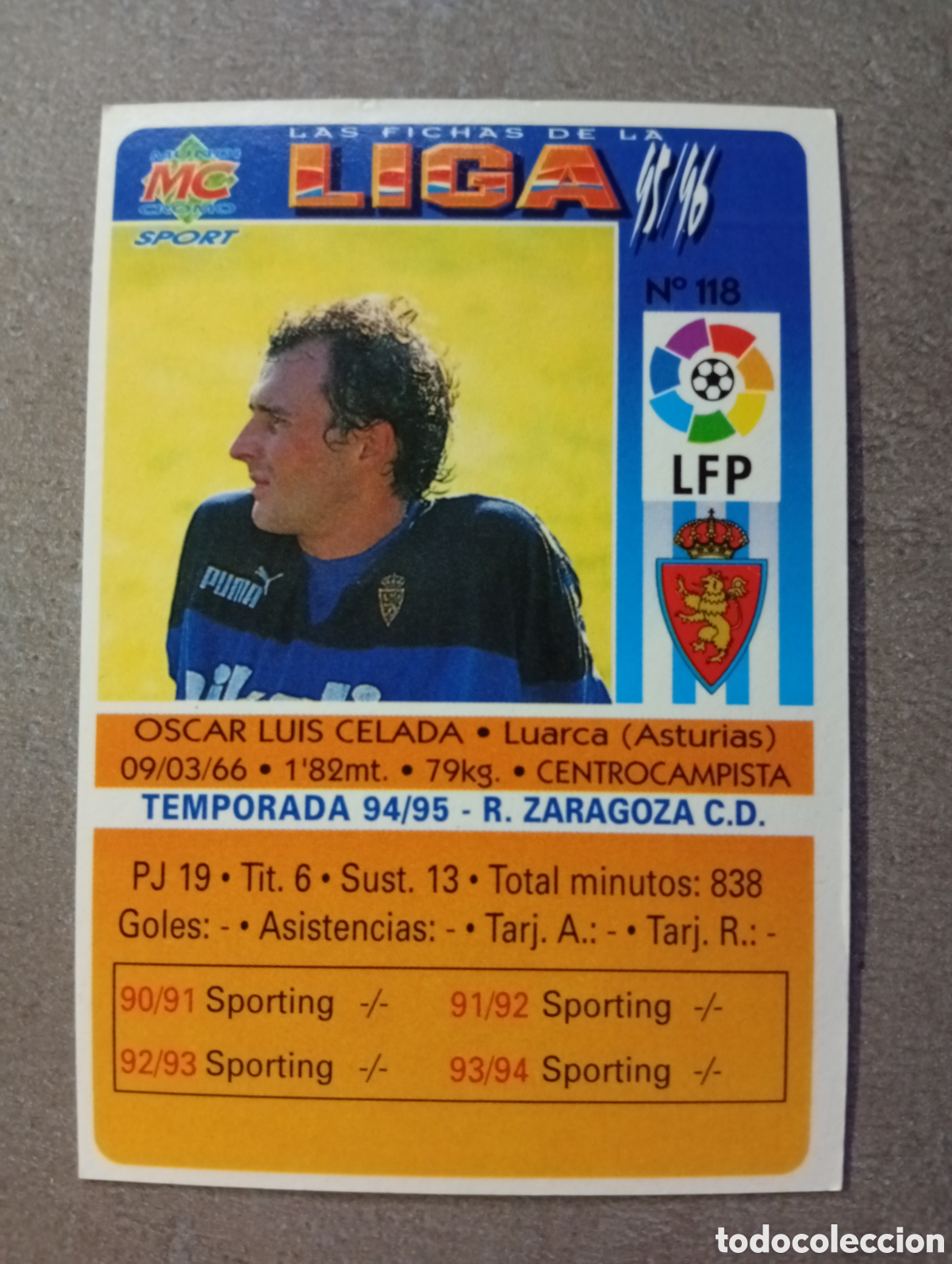 Fu&szlig;ball-Sticker: F&Uacute;TBOL CROMO N&ordm; 118 OSCAR ZARAGOZA MUNDICROMO 1995 1996