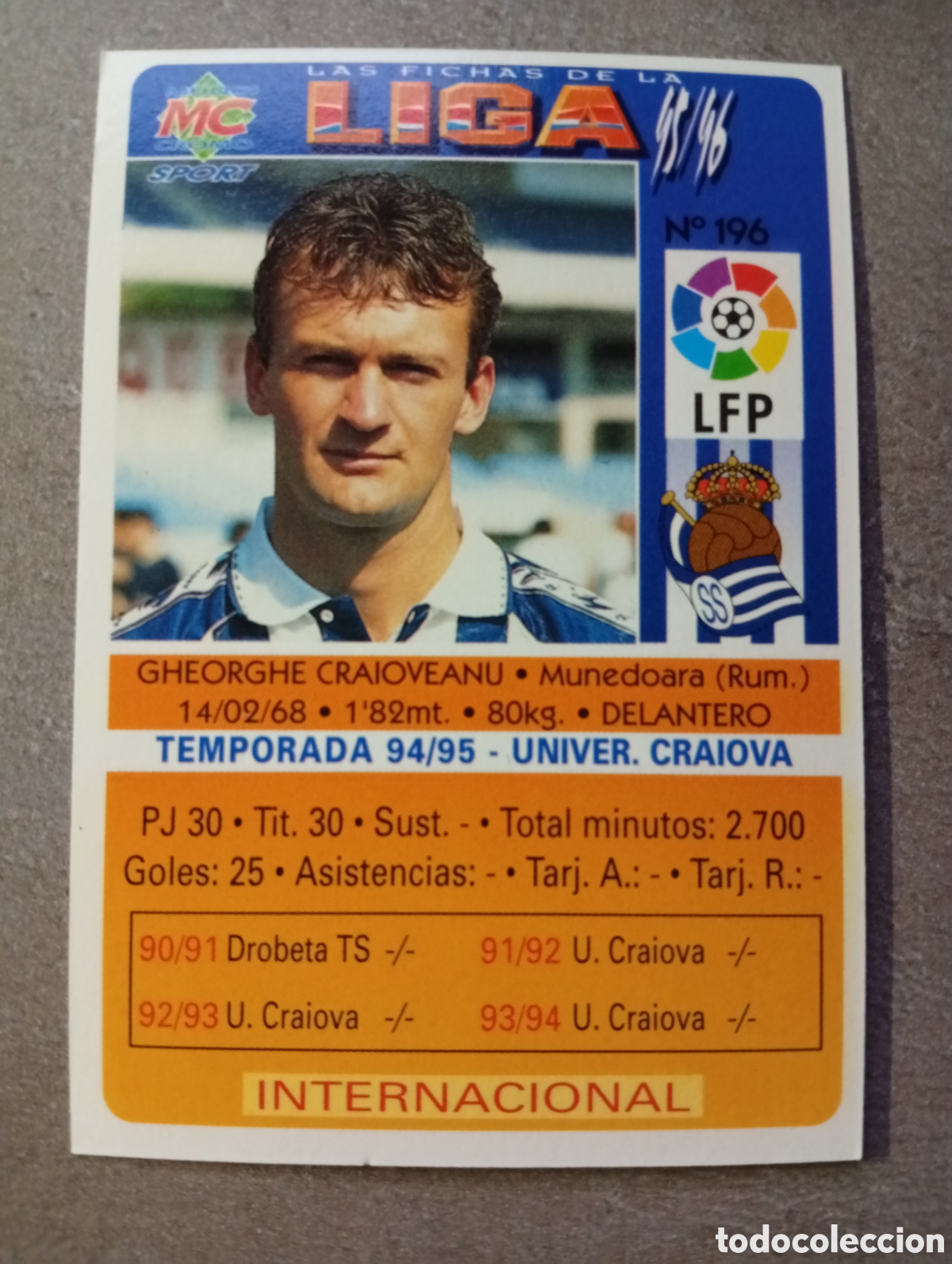 Fu&szlig;ball-Sticker: F&Uacute;TBOL CROMO N&ordm; 196 CRAIOVEANU REAL SOCIEDAD MUNDICROMO 1995 1996