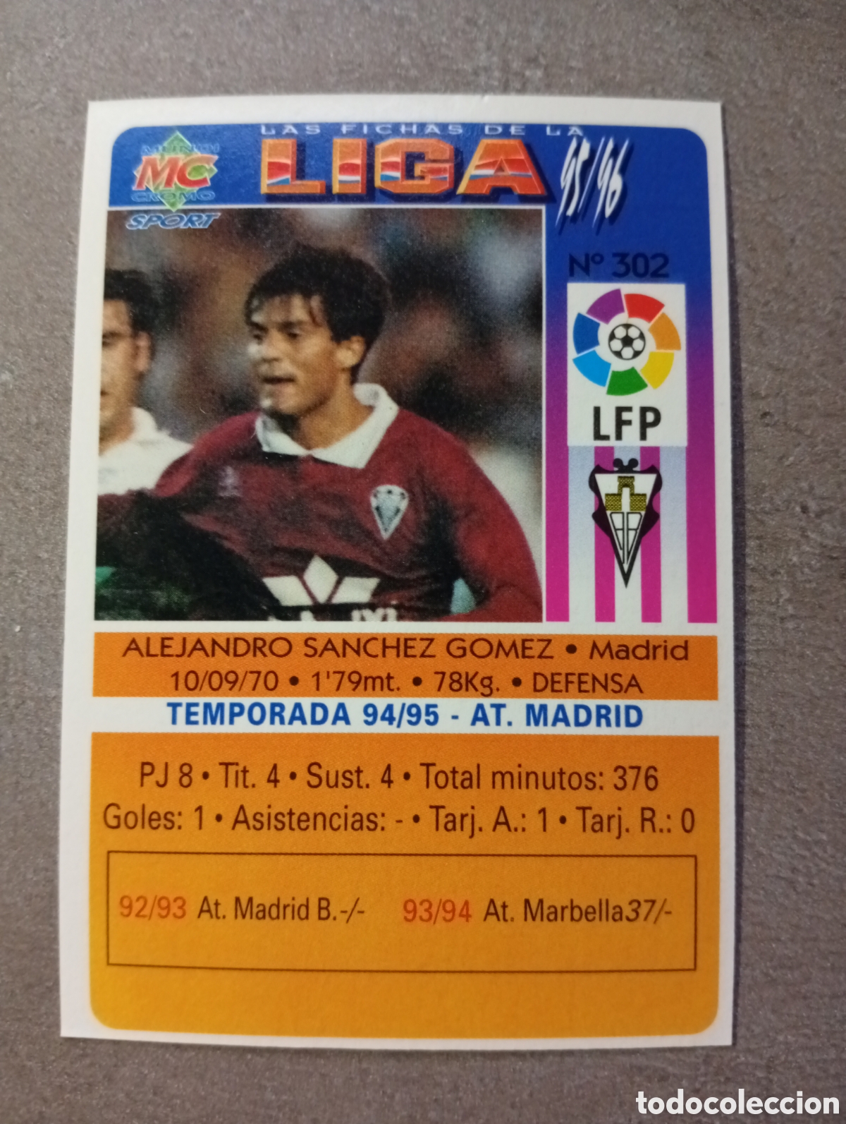 Fu&szlig;ball-Sticker: F&Uacute;TBOL CROMO N&ordm; 302 ALEJANDRO ALBACETE MUNDICROMO 1995 1996